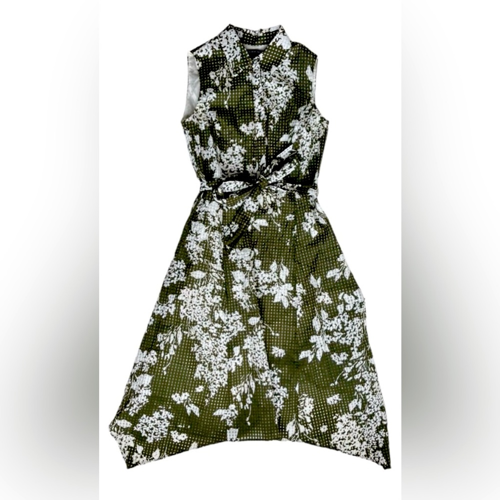 Lafayette 148 NY Olive MiniGingham and White Floral Dress, Sz 12